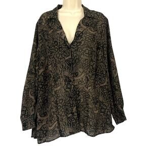 Jaclyn Smith Sheer Button Up Top Womens 1X Black Brown Illusion Lace Dressy Vtg